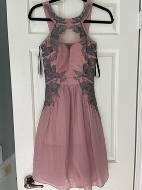 Little Mistress Blush Pink Dress with Charcoal Lace Appliqué